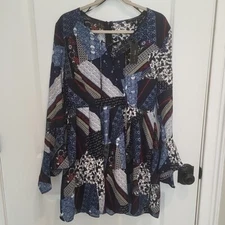 Romeo & Juliet Couture Patchwork Dress Size M Blue Zip Long Sleeve Flare Lined