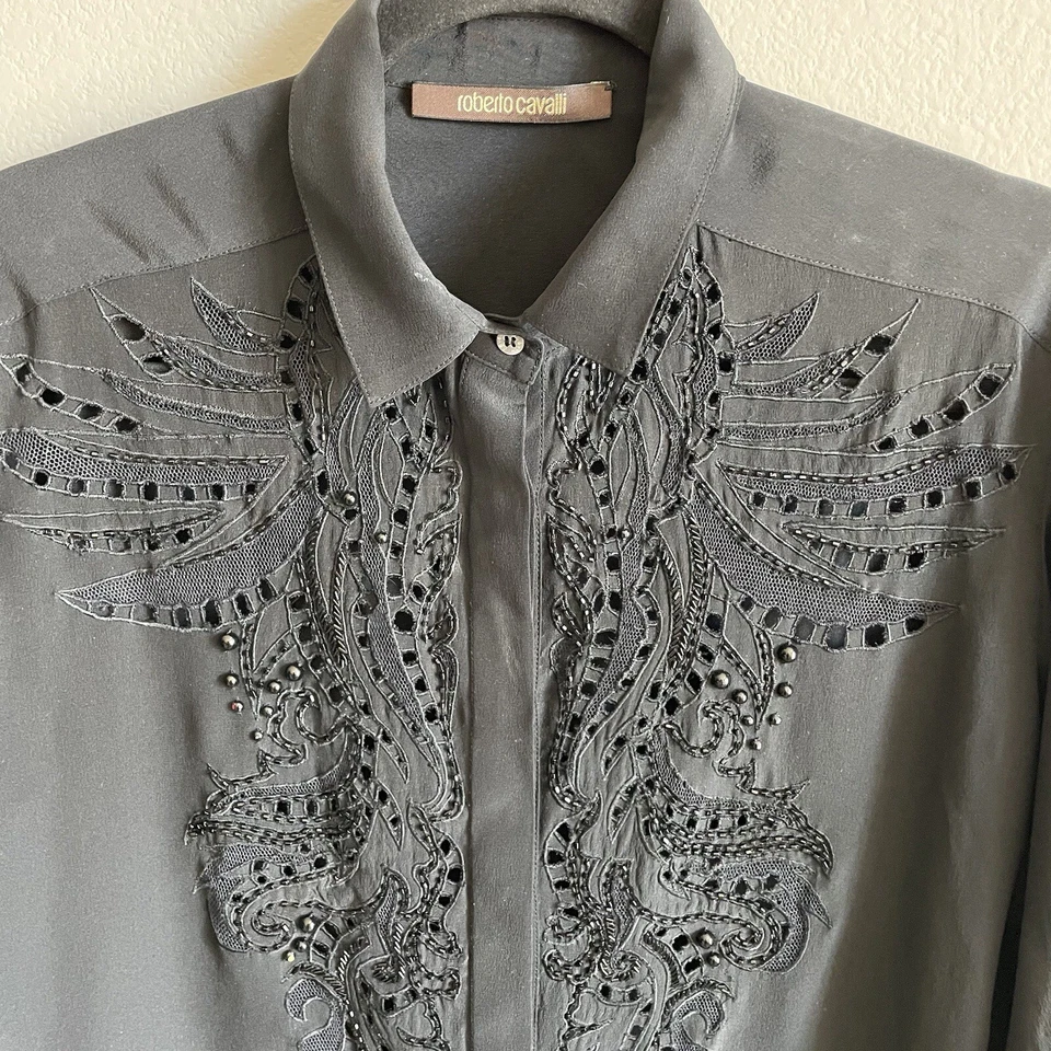 Camisa manga larga ROBERTO CAVALLI seda negra lentejuelas para mujer - talla 42 Foto 2 de 4