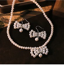 Pearl Bow Jewelry Set Women Necklace Earring Gown Fashion Gift Accessory