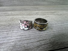 2- Boho Fashion Floral Enamel Band Ring US 5-6 Pink White Rhinestone Statement