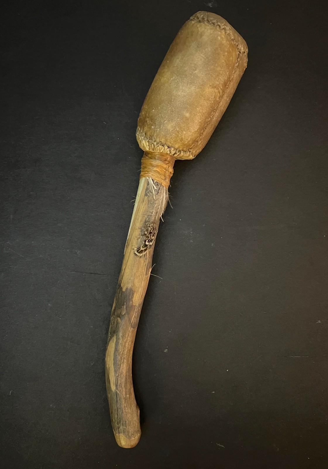 SIOUX BUCKSKIN RATTLE w/WOOD HANDLE Authentic Antique Native American Art