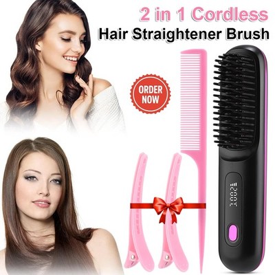 2 in 1 Cordless Hair Straightener & Curler Brush Comb Portable USB Rechargeable