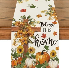 Cross Pumpkins Fall Table Runner, Bless This Home Seasonal Autumn Kitchen Dining