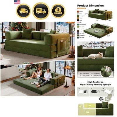 Convertible Sofa Bed Futon Couch with Storage Pocket Green 78 8 inch