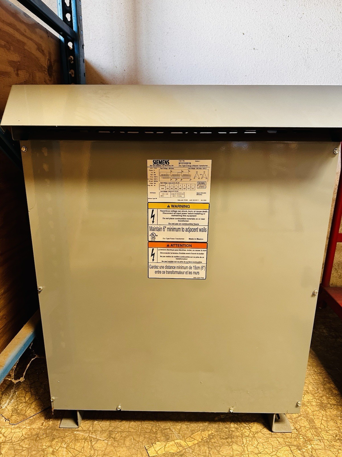 SIEMENS TRANSFORMER (NEW) CAT:3F1Y112D16, 112.5KVA, 480D-240D/CT VAC, 3PH, NEMA3