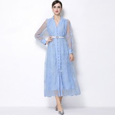 French style Women Lace Floral Embroidery Puff Sleeve Long Dress Single Breasted