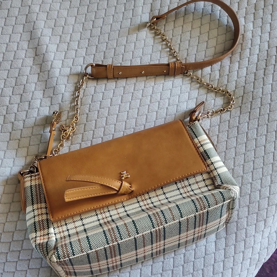 Lancel sac bandoulière femme à carreaux beige bleu marron chaîne dorée zip - Photo 1/4