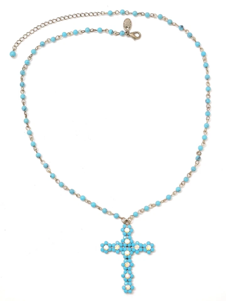 Collar Turquesa Colgante Cruz Crucifijo Católico Religioso Firmado Estrás Foto 2 de 4