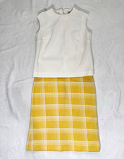 Vintage 1960  s Women's 2-Piece Skirt Suit Set White Top  Yellow Plaid Skirt L