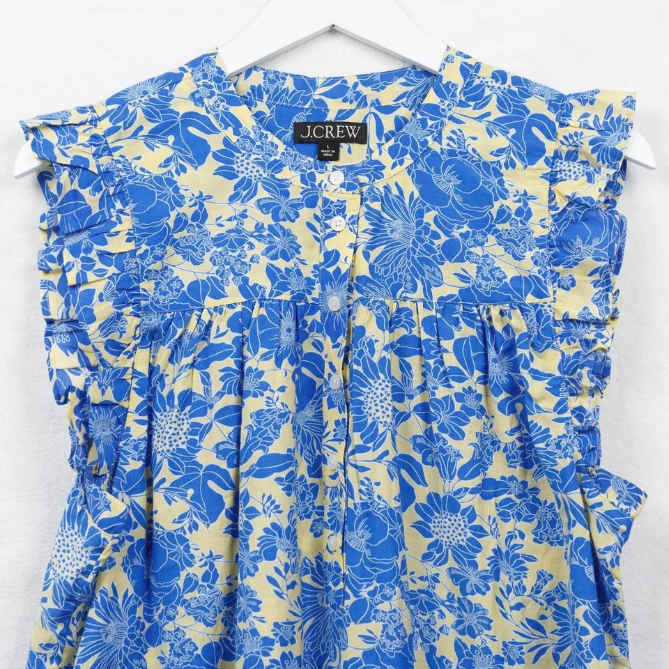 Top J CREW sin mangas con volantes en clásico azul floral cottagecore femenino L Foto 2 de 4