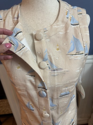 Bailey Rose Sleeveless Button-Front Shift Dress Pockets Sailboat Beige S