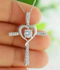 2 Ct Round Cut White Moissanite Cross Pendant Necklace 14K White Gold Plated