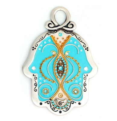 Ester Shahaf Baby Blue Pewter Hamsa Hand Wall Hanging Judaica Art Signed N4