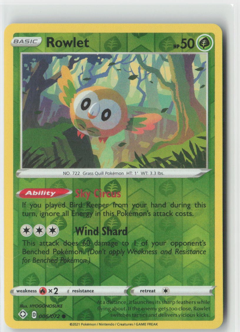 Rowlet 006/072 Common Shining Fates Pokemon Reverse Holo Near Mint