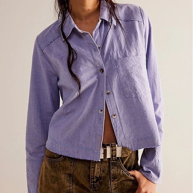Free People We The Free Classic Oxford Top Purple Combo Button Down L Boho - Image 2 of 4