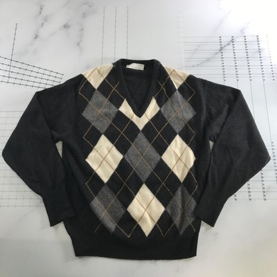 Lyle & Scott Sweater Mens XL Gray 100% Cashmere Argyle V Neck Knit Scotland