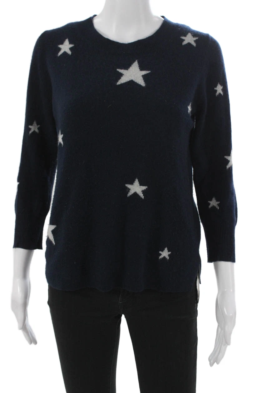J Crew Womens Cashmere Geometric Crewneck Pullover Sweater Blue Size S