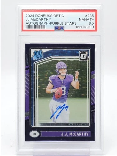 J.J. MCCARTHY 2024 DONRUSS OPTIC ROOKIE PURPLE STARS RC AUTO /42 PSA 8.5 Q5540