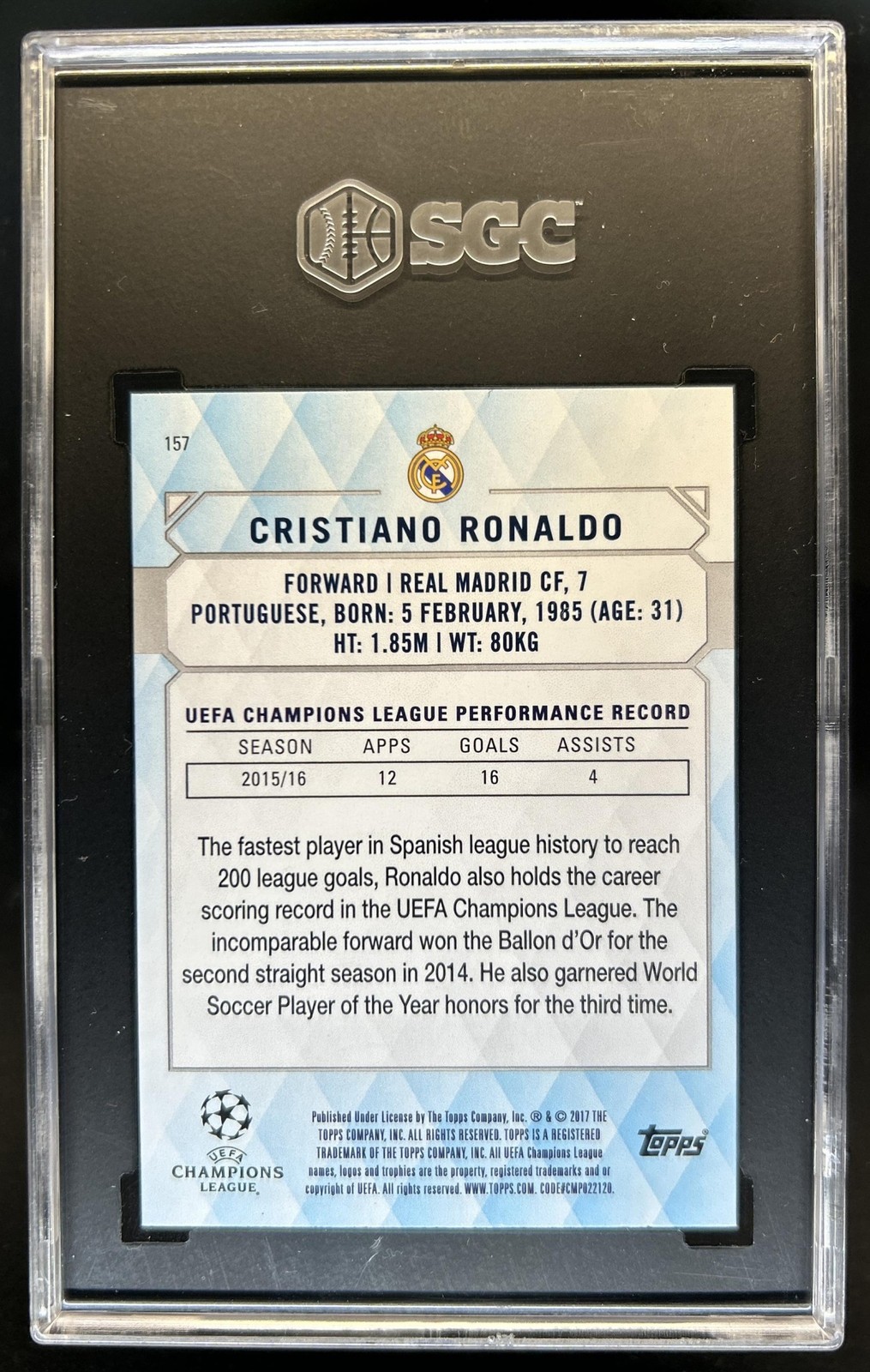 2017 Topps UEFA Showcase Cristiano Ronaldo #157 Real Madrid SGC 9.5 view 2