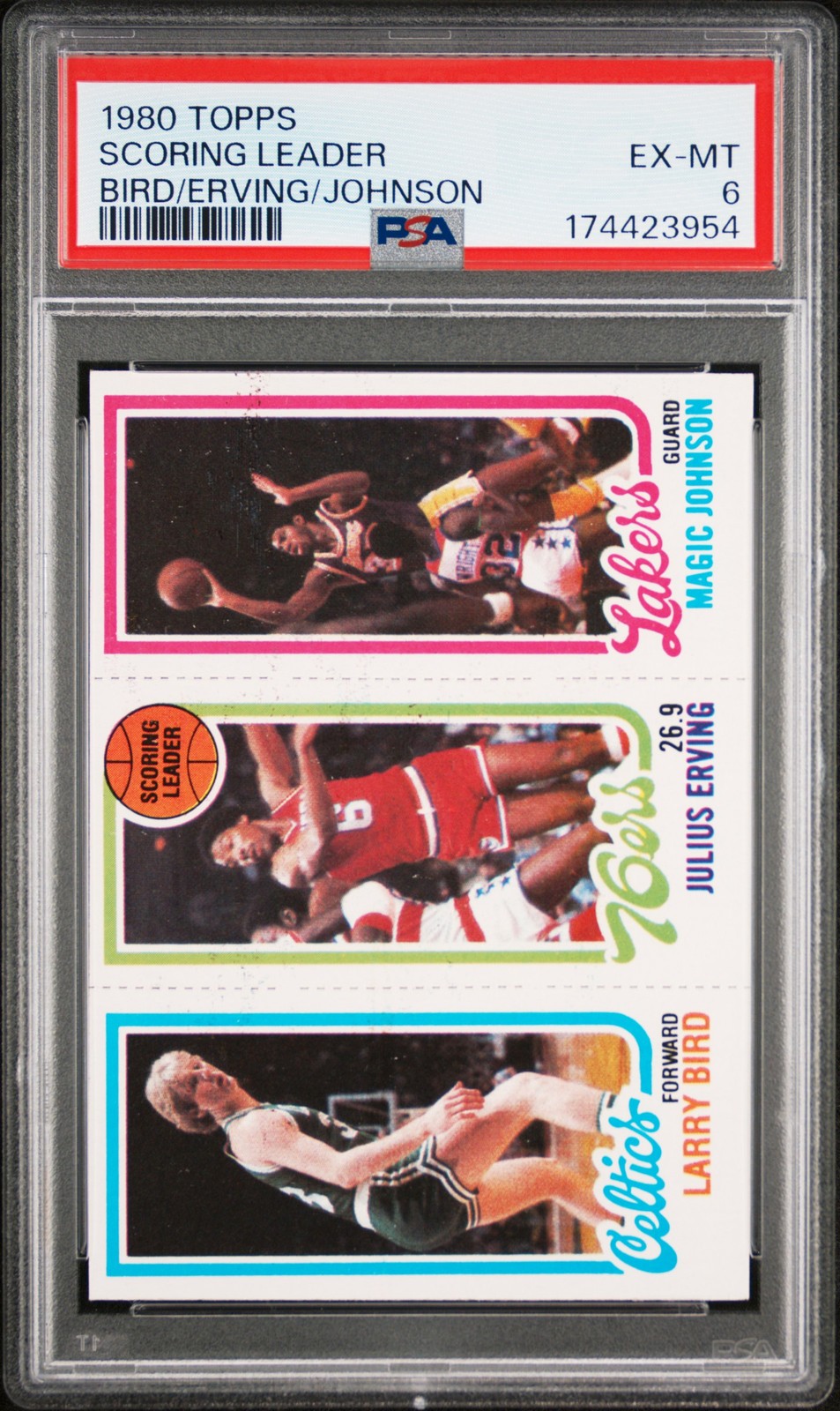 1980 TOPPS SCORING LEADER JULIUS ERVING/LARRY BIRD/MAGIC JOHNSON PSA 6