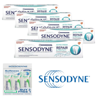 Sensodyne Toothpaste Novamin Repair & Protect Extra Fresh 100g x 5 + Toothbrush