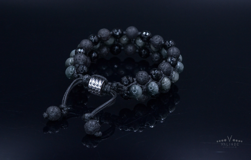 Herren Dreifach Armband Edelstein Falkenauge Lava Achat Naturstein Bracelet - 第 7/7 張圖片