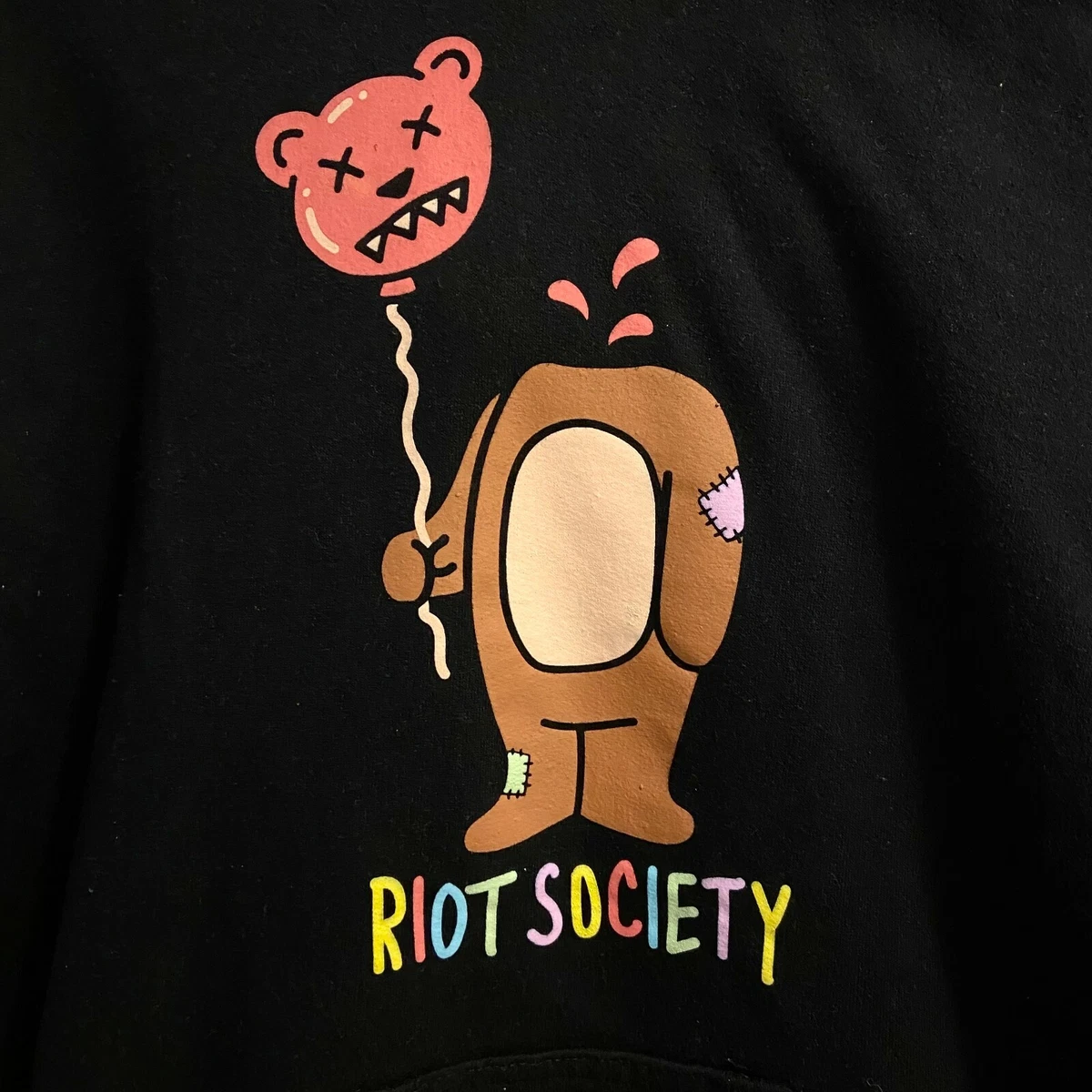 Riot Society Bear Balloon Head Graphic Print Mens Longsleeve Black Hoodie Size S
