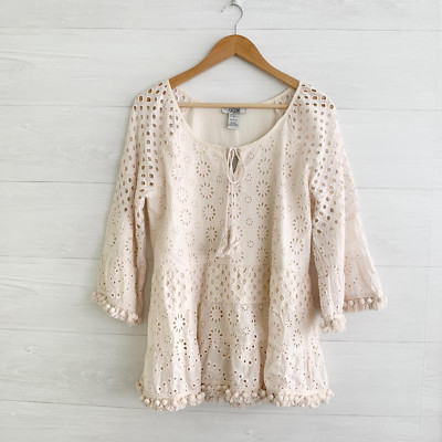 NWT La Seine Beige eyelet lace tiered fringed pompom cotton oversize top, S