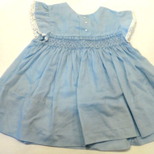 Vtg Baby Infant Dress Smocked Blue Angel Short Sleeve Lace Button Close