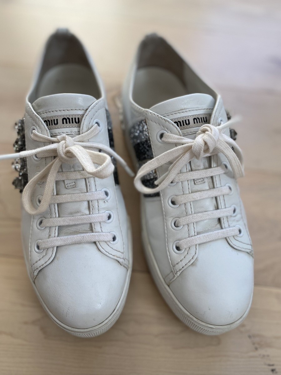MIU MIU White Leather Platform Sneakers with Crystal Stripes MIU MIU White Leather Platform Sneakers with Crystal Stripes
