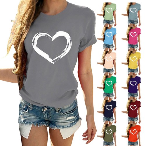 Women Short Sleeves O Neck Tops Ladies Heart Shaped Print Casual Blouse T Shirts - Picture 2 of 63
