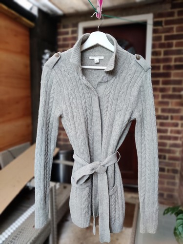 Banana Republic Grey Wool Cashmere chunky cable knit belted Cardigan Jumper y2k - Picture 2 of 12