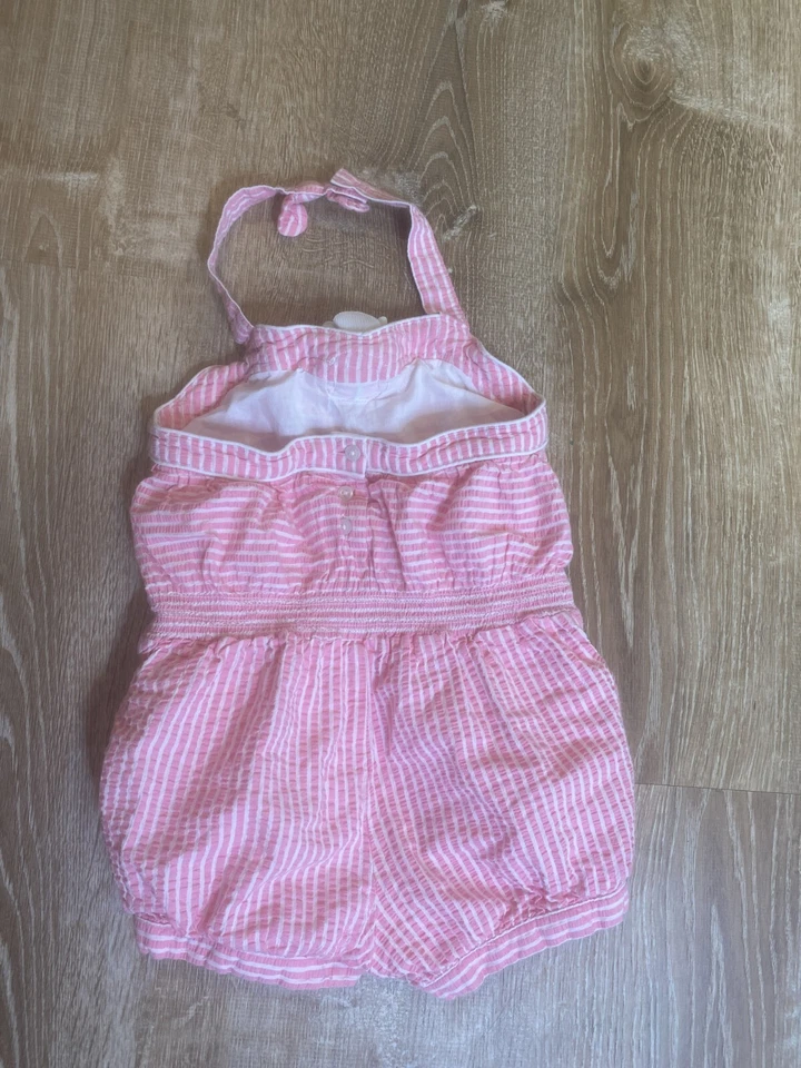 JANIE AND JACK MAMELUCO Niñas 4T Rosa Blanco Halter Seersucker Conjunto Usado en Excelente Condición Foto 2 de 4