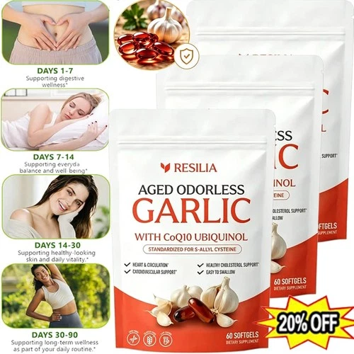 Resilia Garlic Extract 600mg Softgels (60 Count) Odorless Aged Garlic Extra