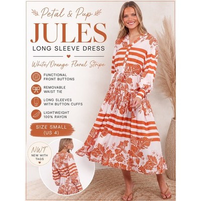 NWT Petal & Pup Jules Long Sleeve Midi Maxi Dress Orange Floral Stripe S Small