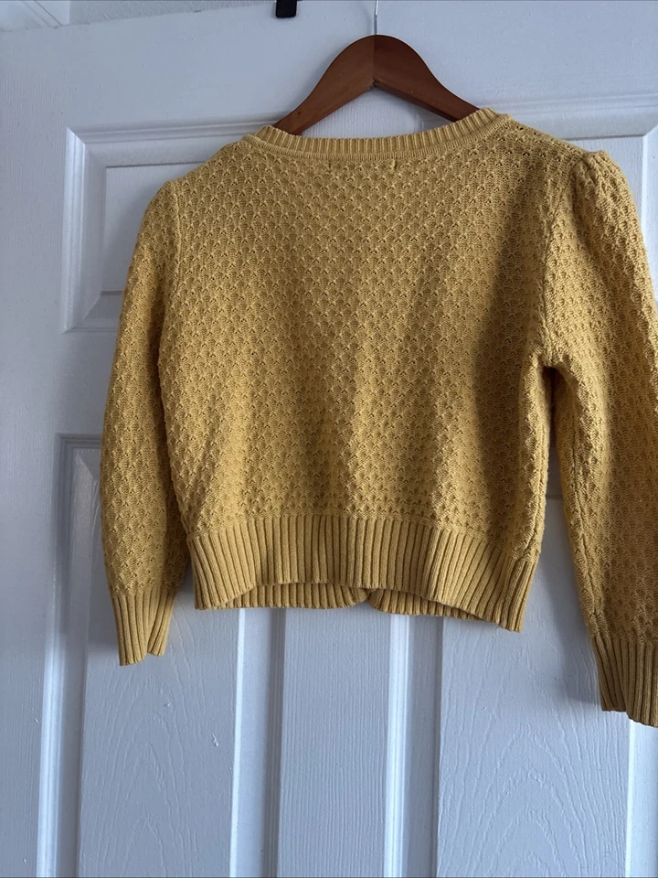 YEMAK Women's YELLOW 3/4 Sleeve V-Neck Sweater Cardigan Size SMALL 100% Cotton - Image 3 of 4