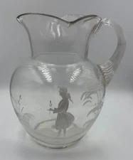 Antique Mary Gregory Hand Blown Glass Pitcher Girl and Fern 7.75" Ribbed Handle