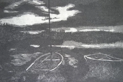 Aquatinta-Farbradierung „Boote am See“, signiert T. Ehmke, 2022 - Bild 1 von 4