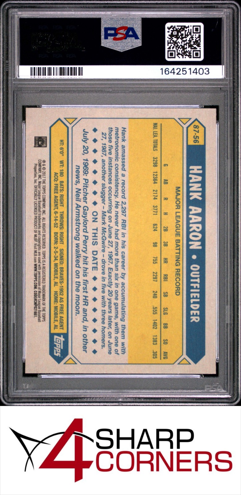 2017 TOPPS 1987 TOPPS #87-56 HANK AARON HOF PSA 10 view 2