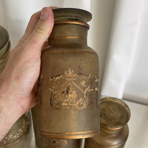 French Antique Apothecary Glass Jars + Lids Set Of 4 Hand Painted Gold Design - Picture 16 of 22