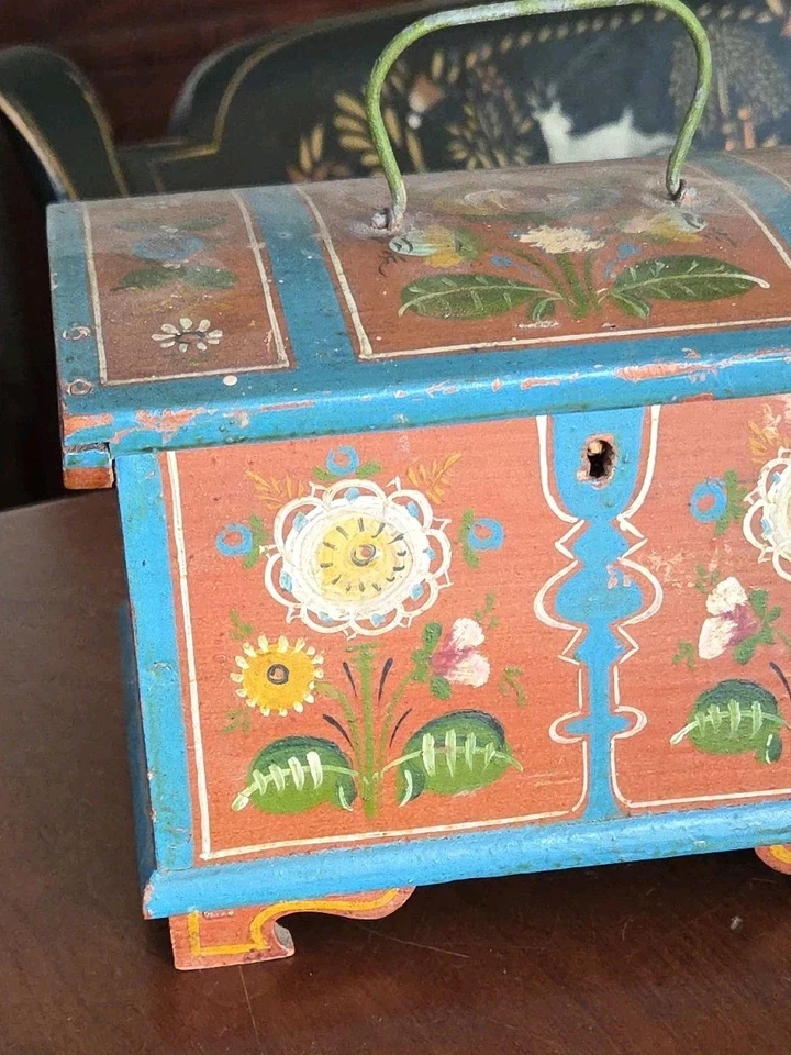Rosemaling Box Hand Painted Dome Top Miniature Wood Chest Folk Art - Image 2 of 4
