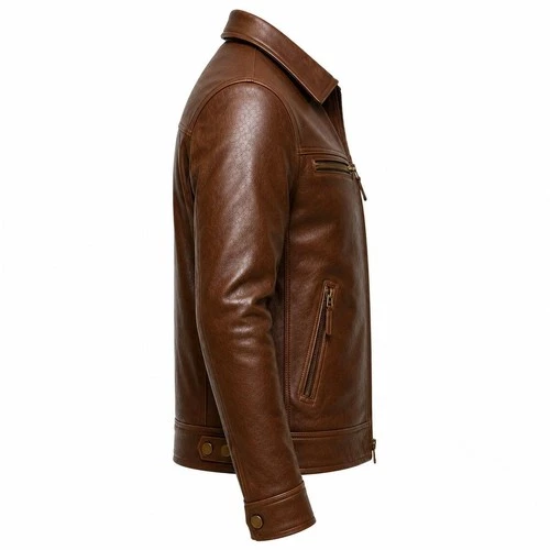 Men's Brown Genuine Leather Jacket - Vintage Style, Moto Rider Coat image 4