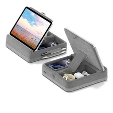  Tablet Pillow Stand with Storage, Foldable Ipad Holder for Bed, Lap Light Grey