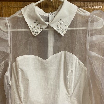 NWOT Venus Sheer Sleeve White Tuxedo Top Size 8 Back Zip Button Cuffs & Collar 