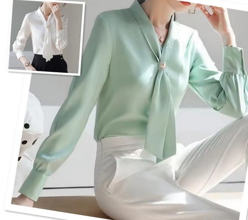 Women Spring Style Blouses Shirts Casual Autumn Long Sleeve Bow Tie Collar Tops - Bild 2 von 10
