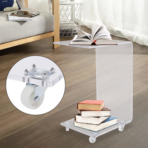 Acrylic Movable Clear Bedside Table C-Shaped End Table Snack Table on Wheels
