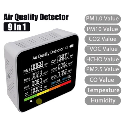 9In1 Air Quality Monitor Indoor Home CO2 Meter CO TVOC HCHO PM2.5 Test Detector