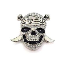 Halloween Pirate Skull Swords Rhinestones Silver Chrome Metal Belt Buckle