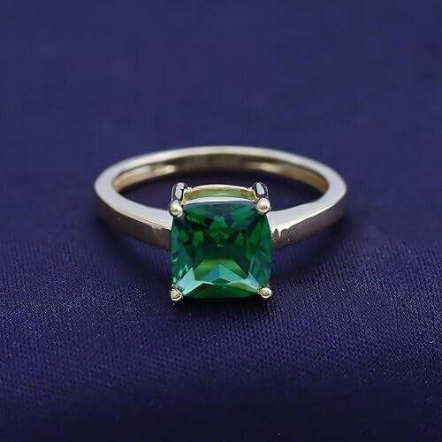Solitaire Ring 7MM Cushion-Cut Simulated Green Emerald 925 Sterling Silver - Picture 3 of 10
