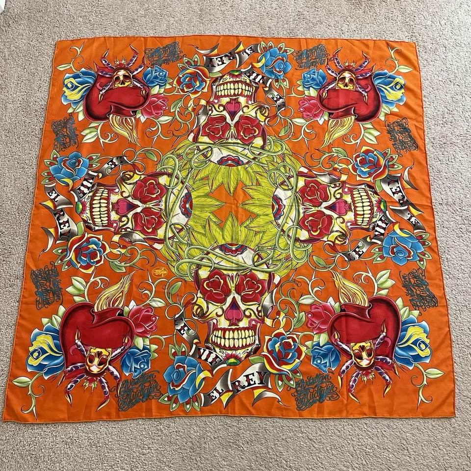 Christian Audigier 100% Seda Bufanda Calavera Mexicana Naranja 48x49.5 Hecho en Francia Y2K Foto 2 de 4